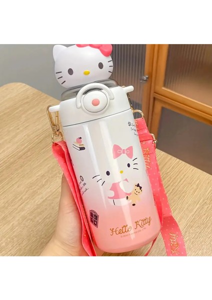 Çocuk Termos Paslanmaz Çelik Hello Kitty Figürlü Pipetli Askılı 600ML KR402