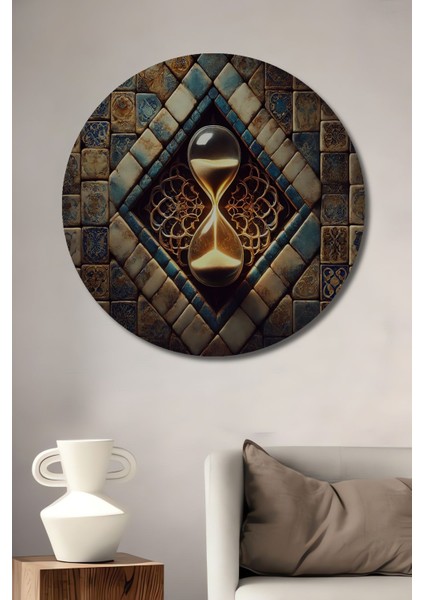 Mozaik Desenli Kum Saati Yağlı Boya Görünümlü Dekoratif Yuvarlak Salon/ofis Tablo Ahşap Dekoratif