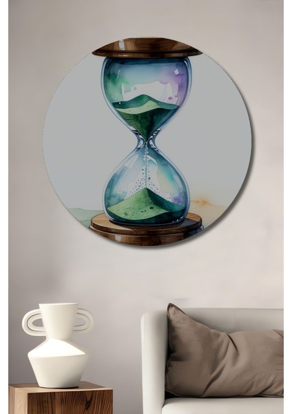 Sulu Boya Görünümlü Kum Saati Zamanın Akışı Ahşap Dekoratif Yuvarlak Salon/ofis/ev/mutfak Tablo