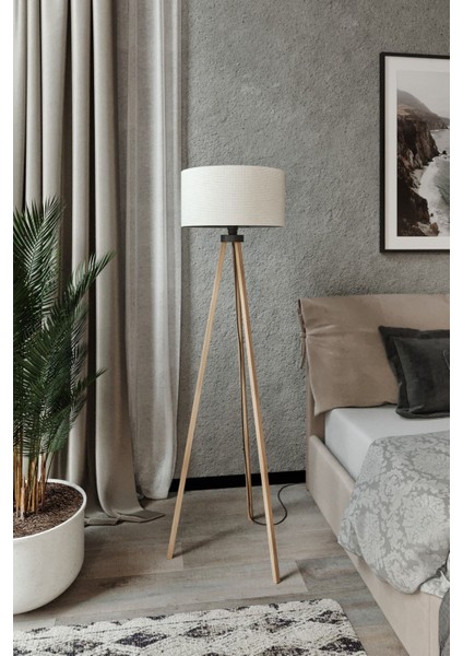 Bej Başlı Kahverengi Ayak Yuvarlak Tripod Lambader