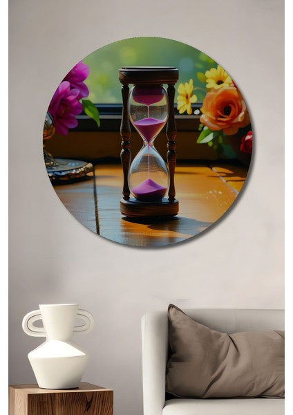 Pembe Kum Saati ve Çiçekler Yağlı Boya Görünümlü Dekoratif Ahşap Ev/işyeri/ofis Yuvarlak Tablo