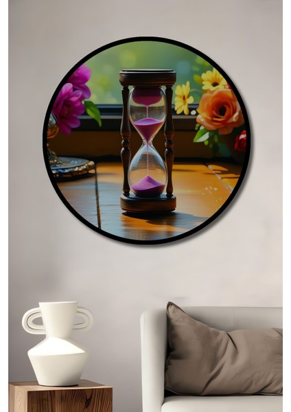 Pembe Kum Saati ve Çiçekler Yağlı Boya Görünümlü Dekoratif Ahşap Ev/işyeri/ofis Yuvarlak Tablo fiyatları