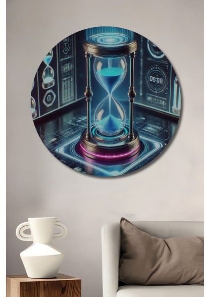 Fütüristik Kum Saati Zaman Akışı Yağlı Boya Görünümlü Ahşap Dekoratif Yuvarlak Salon/ofis/ev Tablo