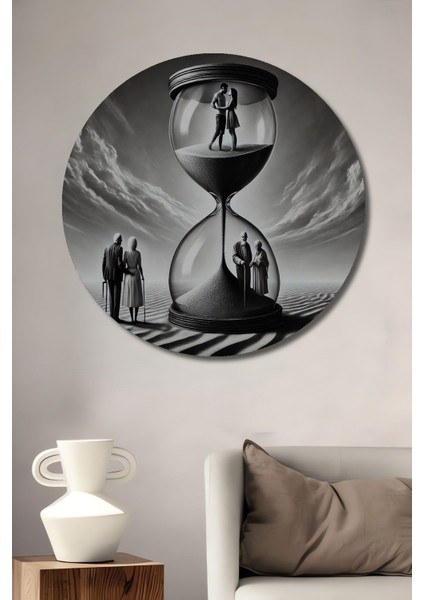 Kum Saati Içinde Aşk Yaşlılık Dramı Kara Kalem Görünümlü Ahşap Dekoratif Yuvarlak Salon/ofis Tablo