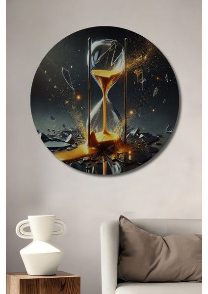 Altın Kum Saati Patlaması Yağlı Boya Görünümlü Ahşap Dekoratif Yuvarlak Salon/ofis/ev/mutfak Tablo