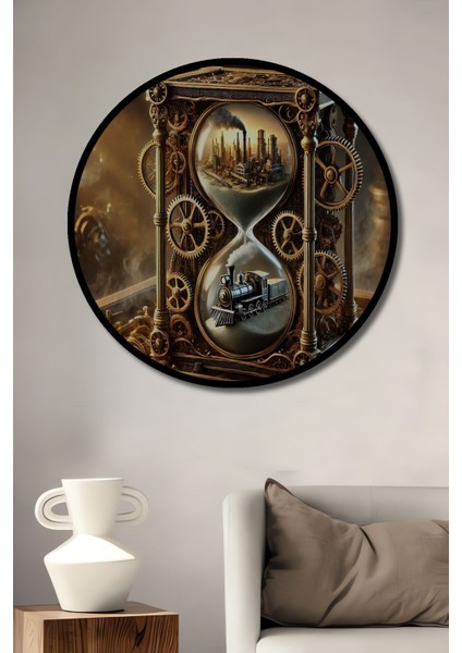 Steampunk Zaman Kum Saati ve Tren Yağlı Boya Görünümlü Ahşap Dekoratif Yuvarlak Salon/ofis Tablo