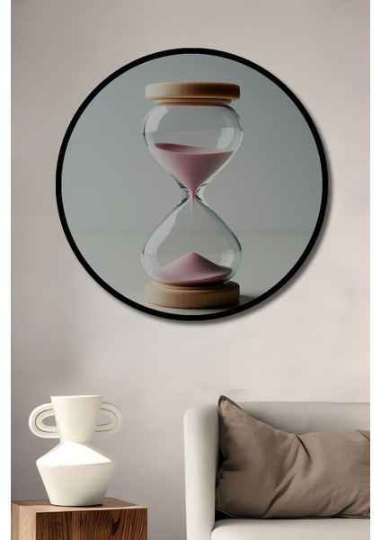 Pembe Kum Saati Zamanı Durduran Ahşap Dekoratif Yuvarlak Salon/ofis/ev Çerçeve Görünümlü Tablo