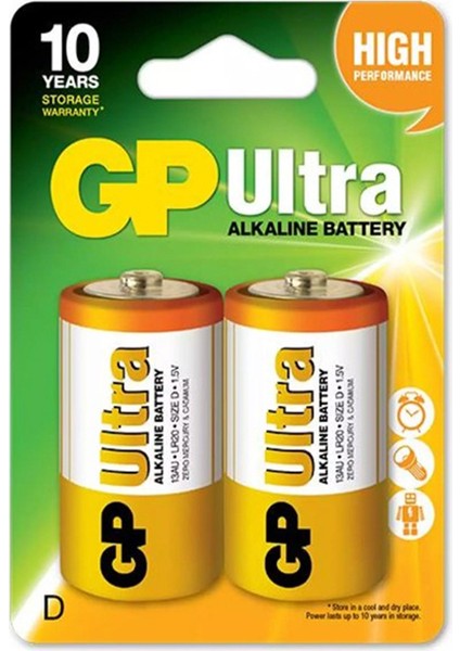 Gp 13AU-2U2 Ultra Alkalın D Büyük Boy Kalın Pil LR20 2li Paket (5067)