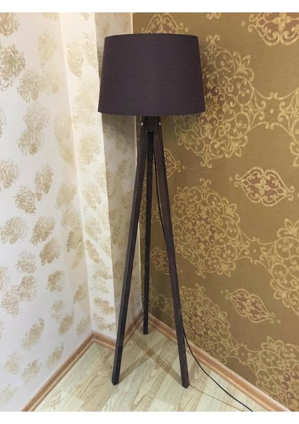 3 Ayaklı Lambader Ahşap Abajur Tripod Lamba Konik Başlık Kahve Kahverengi Ayak L336