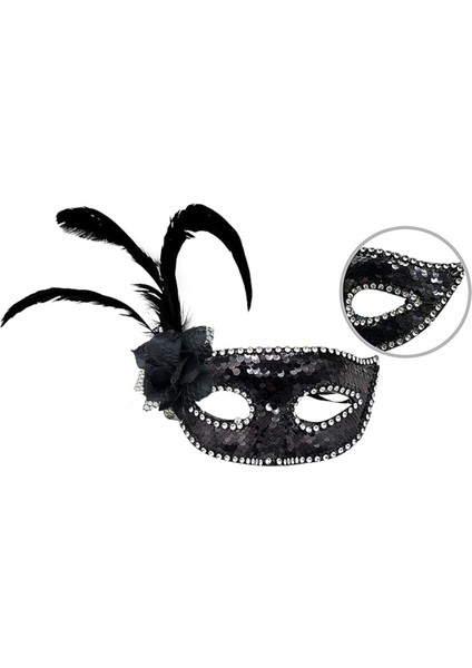 Siyah Renk Yandan Tüylü Güllü Gümüş Taşlı Pullu Maske 20 x 22 cm (5067)