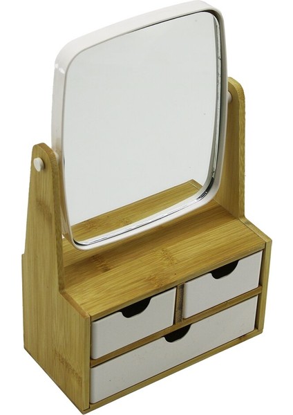 3 Çekmeceli Bambu Ahşap STANDLI=9X9.5X18X21.5CM Makyaj AYNASI=15X18CM Takılık 2+1 Organizer (5067)