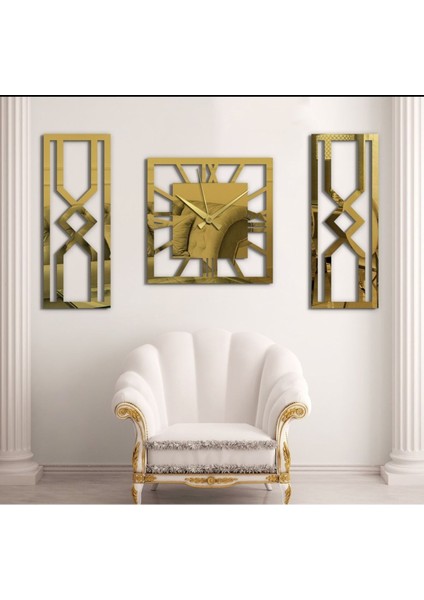 Dekoratif Aynalı Gold Renk Tablo Duvar Saati ve Dekoru 80X50 cm