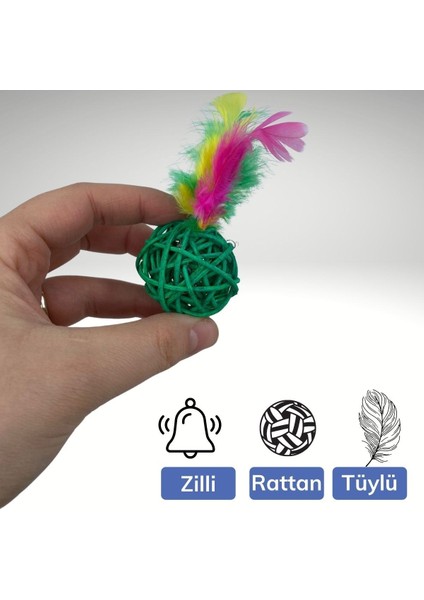 2li Rattan Renkli Peluş Tüy Kedi Köpek Oyuncak Yakalama Çiğneme Çıngıraklı Top Oyuncağı (5067)