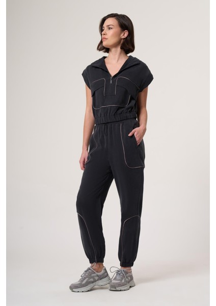 Sun Siyah Cupra Tensel Içerikli, Ara Biye Detaylı, Paçası Lastikli Dokuma Kumaş Jogger