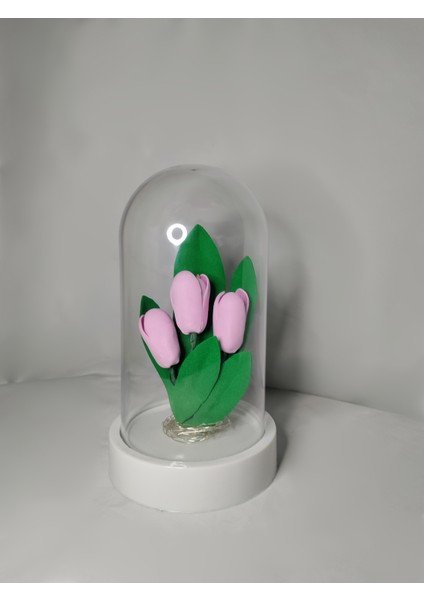 Dekoratif Ledli Açık Pembe Lale ''nûr-I Adn'' Teraryum Fanus, Hediyelik Fanus