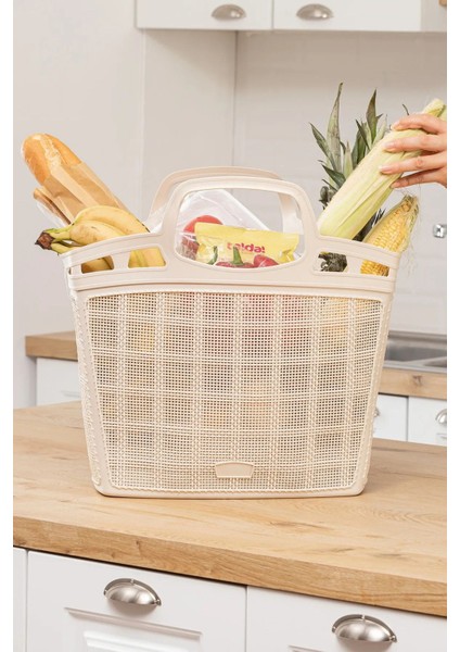 Örgülü Krem Rengi Pazar Çantası - Çok Işlevli Çanta Plastik Taşıma Çantası