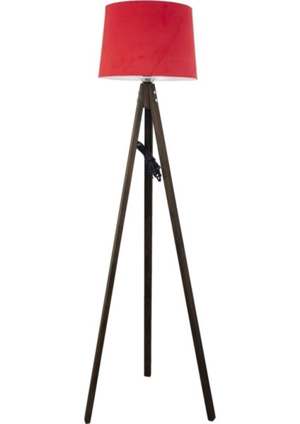 Rustik Ahşap 3 Ayak Koyu Kahverengi Tripod Lambader Kırmızı Konik Şapka