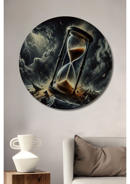 Kıyamet Saati Kum Saati Yağlı Boya Görünümlü Ahşap Dekoratif Yuvarlak Salon/ofis/ev/mutfak Tablo