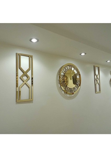 Modern Dekoratif Gold Aynalı Plexiglass Duvar Saati, 2 Adet Kum Saati Tasarım Tablo 3 Parça Set