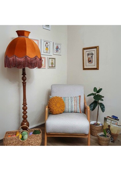 Kiremit Renk Kadife Lambader Kahve Ahşap Ayak Vintage 50 x 170 cm LM01300