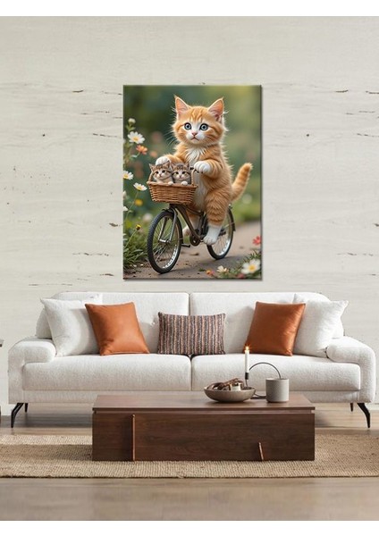 Bisiklet Kullanan Kedi ve Yavruları Ahşap Tablo fiyatları