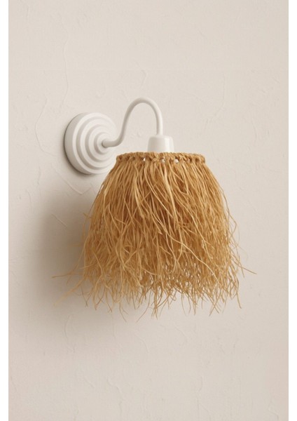 Doğal Rafya Duvar Apliği, Beyaz Metal Gövdeli, El Yapımı Dekoratif Işık, Bohem Tarz Aydınlatma, 27C