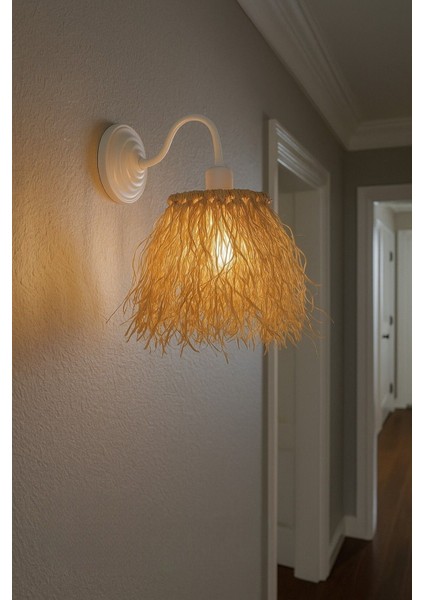 Doğal Rafya Duvar Apliği, Beyaz Metal Gövdeli, El Yapımı Dekoratif Işık, Bohem Tarz Aydınlatma, 27C modelleri