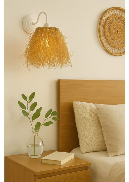 Doğal Rafya Duvar Apliği, Beyaz Metal Gövdeli, El Yapımı Dekoratif Işık, Bohem Tarz Aydınlatma, 27C fırsatları