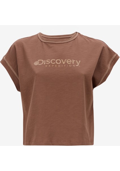 D5SL-TST3571 Kahve Bisiklet Yaka Relaxed Baskılı Kadın T-Shirt