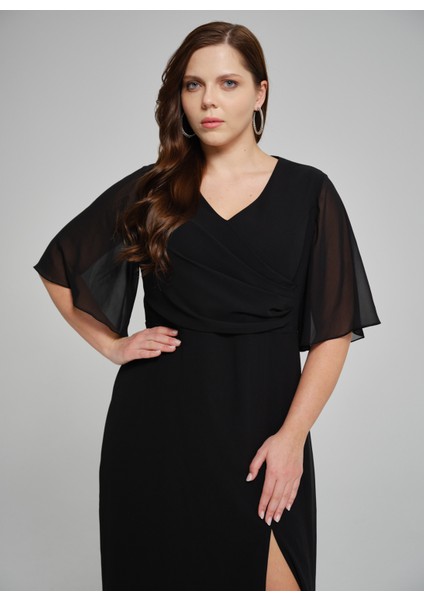 Kruvaze Yaka Düz Siyah Standart Kadın Elbise 25YSL7655-BB modelleri