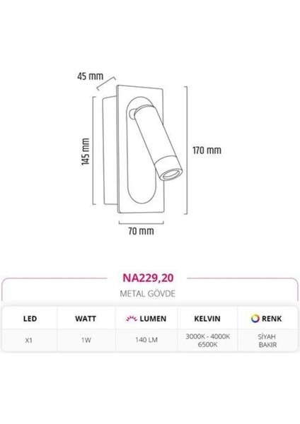 Sıva Altı Yatak Başı Aplik Siyah Bakır MD-A1247-20 fiyatları