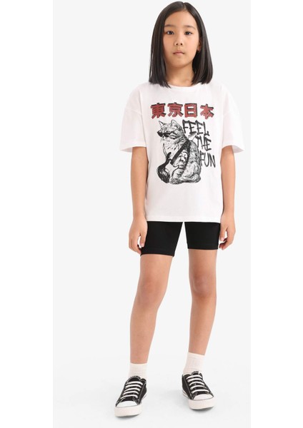 Kız Çocuk 2'li Takım Baskılı Kısa Kollu Tişört Biker Tayt E5698A825HS