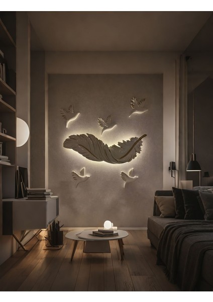Tüy Aplik Ledli Pilli Dekoratif Duvar Aydınlatma - Şık ve Modern Tasarım -(83*30 cm )