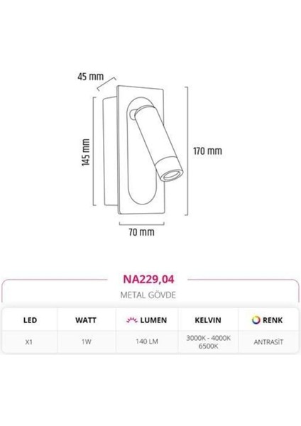 Sıva Altı Yatak Başı Aplik Antrasit Md-A 5246-04
