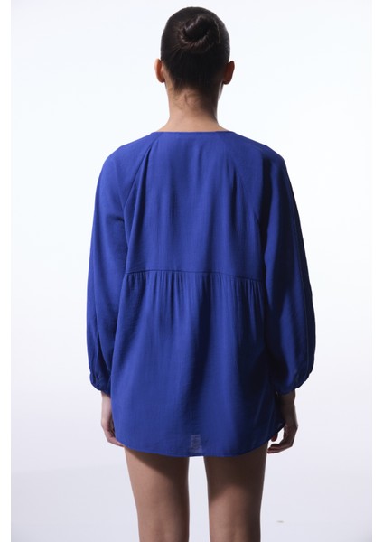 Lacivert Freya Crinckle Kısa Kol V Yaka Midi Kimono