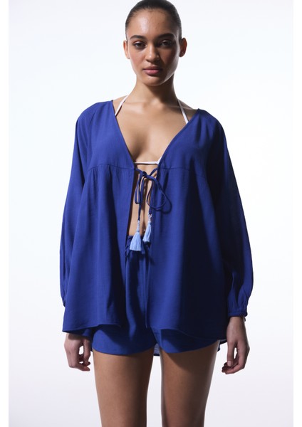 Lacivert Freya Crinckle Kısa Kol V Yaka Midi Kimono