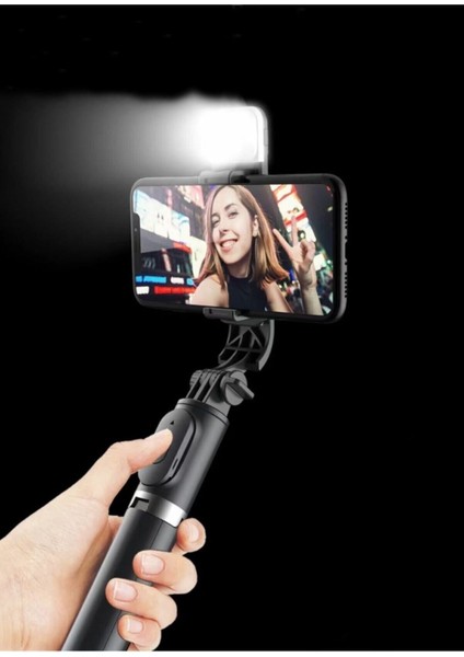 Siyah Kablosuz Kumandalı Telefon Selfie Çubuğu Ayaklı Tripod Bluetooth Kumandalı LED Işıklı