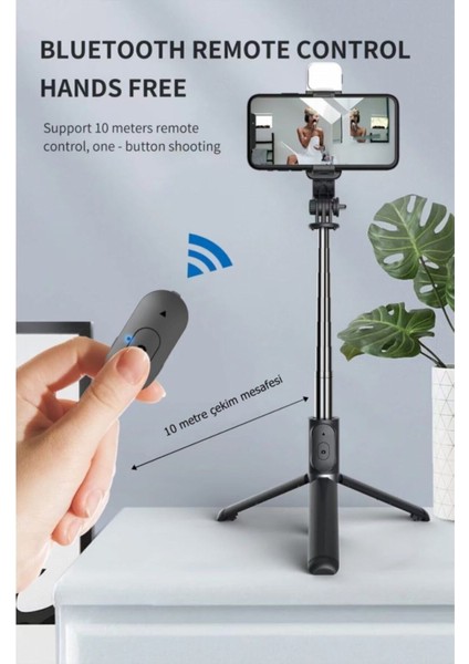 Siyah Kablosuz Kumandalı Telefon Selfie Çubuğu Ayaklı Tripod Bluetooth Kumandalı LED Işıklı