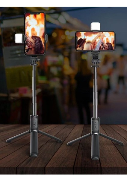Siyah Kablosuz Kumandalı Telefon Selfie Çubuğu Ayaklı Tripod Bluetooth Kumandalı LED Işıklı