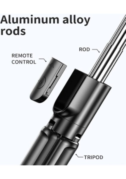 Siyah Kablosuz Kumandalı Telefon Selfie Çubuğu Ayaklı Tripod Bluetooth Kumandalı LED Işıklı