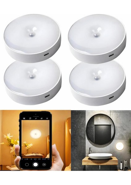 4 Adet Şarjlı Hareket Sensörlü 8 LED Banyo Dolap Merdiven Lamba Yapışkanlı Manyetik Gün Işığı Aplik