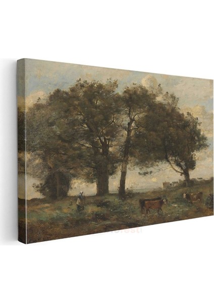Jean-Baptiste-Camille Corot - Ağaçlar ve Çoban Kanvas Tablo
