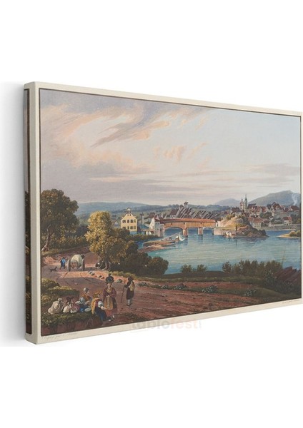 Johann Ludwig Bleuler - Nehir Kıyısında Köy Manzarası Kanvas Tablo modelleri