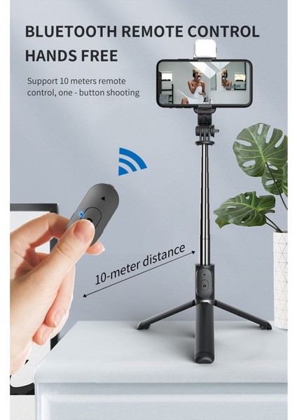 Yeni 2023 Işıklı Youtuber - Tiktok Selfie Çubuğu - Tripod - Bluetooth Kumandalı E-Y S03-S Siyah