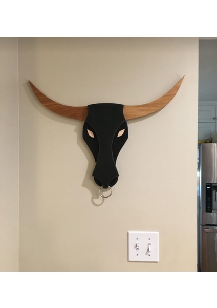 Bullcow Pilli Sarıçam Ahşap Boğa Kafası Dekoratif Aplik Avize Duvar Dekoru (Peri LED Li)