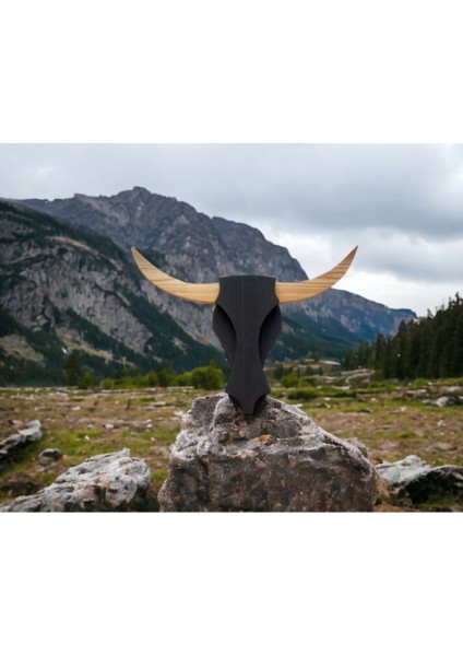 Bullcow Pilli Sarıçam Ahşap Boğa Kafası Dekoratif Aplik Avize Duvar Dekoru (Peri LED Li)