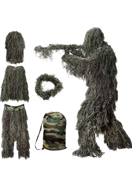 5 In 1 Ghillie Suit, 3D Kamuflaj Açık Avcılık Giyim Dahil Ceket, Pantolon, Kapüşon, Yetişkinler Çocuklar Için Taşıma Çantası Gençlik (Yurt Dışından)