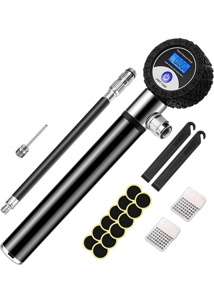 Bisiklet Pompası, Mini Basınç Ölçerli Bisiklet Pompası (120PSI), Iğneli Bilyalı Pompa, Yapıştırıcısız Yama Takımı Uzatma Hortumu (Yurt Dışından)