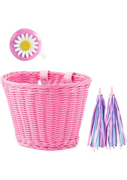 1set Rattan Hasır Bisiklet Ön Sepeti + Zil + Püskül + Çıkartmalar Ayarlanabilir El Dokuma Yetişkin Bisiklet Gidonu Aksesuarları Pembe (Yurt Dışından)