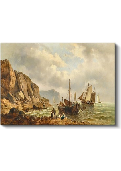 Andreas Achenbach - Kayalık Sahilde Tekneler Kanvas Tablo
